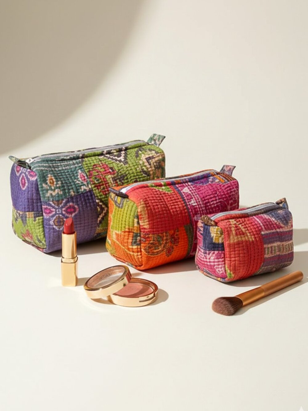 Set Of 3 Block Print Toiletry Bags, Cotton Makeup Bag, Cosmetic Bag Set Gift